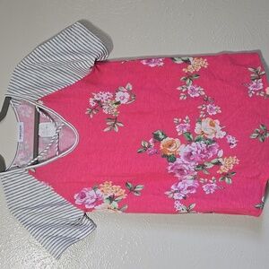 New - Floral Pink Top with Striped Sleeves